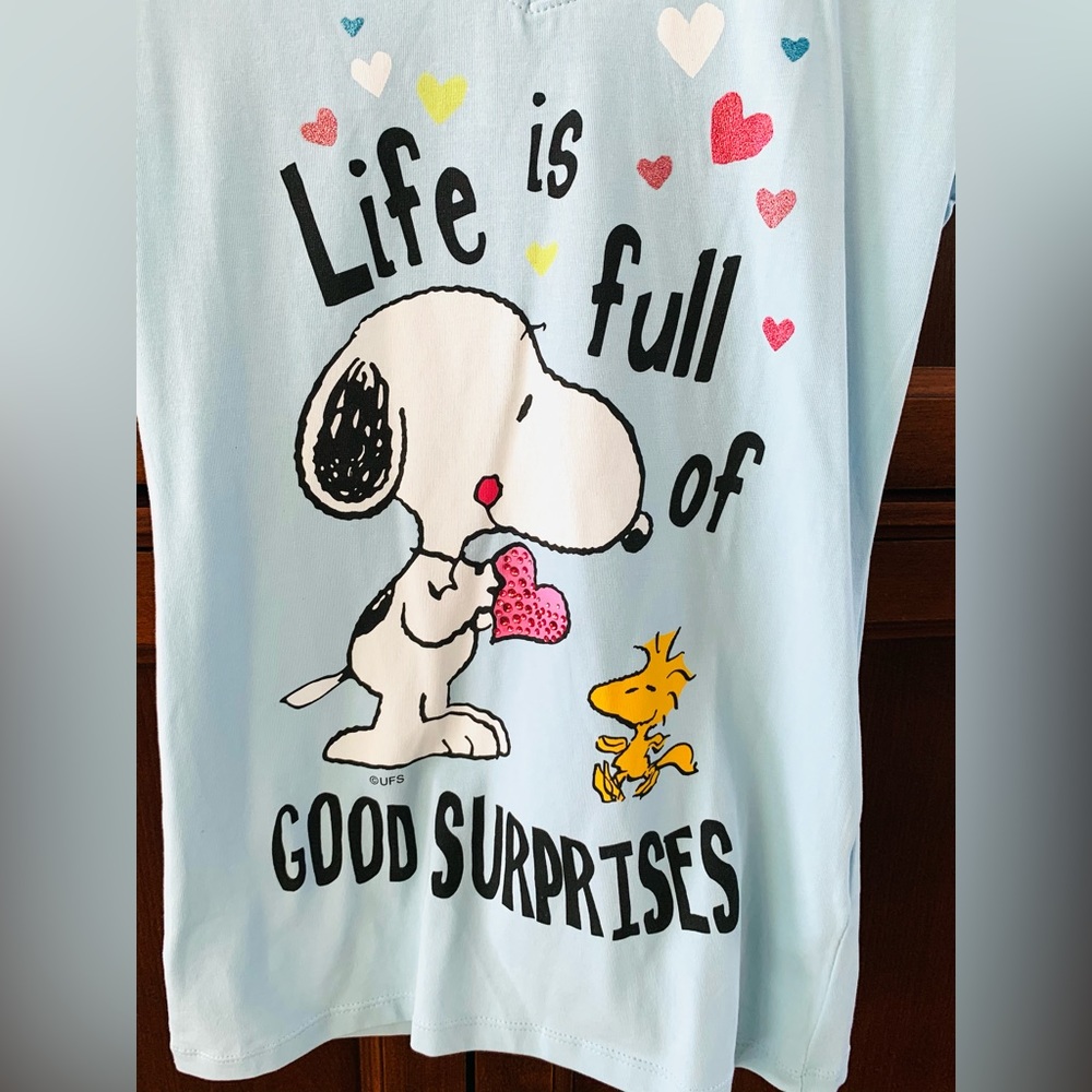 Snoopy Peanuts Cartoon Print Baby Blue Cotton Top Y2K Heart Logo Girls / XS Teen